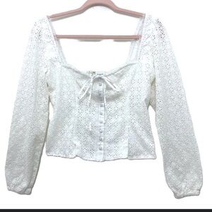 Joie White Long Sleeve Cotton Eyelet Embroidered Square Neck Top XS Cottage Core